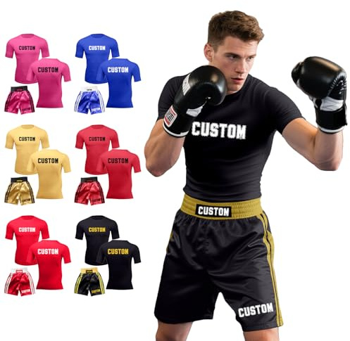 Personalised Muay Thai Shorts & T-Shirts Set for Men Kids Boxing Shorts and Boxing T Shirt with Text, MMA Shorts Grappling Shorts for Training, Martial Arts (Adults)
