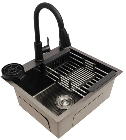 Evier Cuisine,45 * 40cm évier de Cuisine en Acier Inoxydable évier Intégré le Robinet Extractible 360° avec évier+Panier de Drainage+Distributeur de Savon Encastré (50 * 45cm)