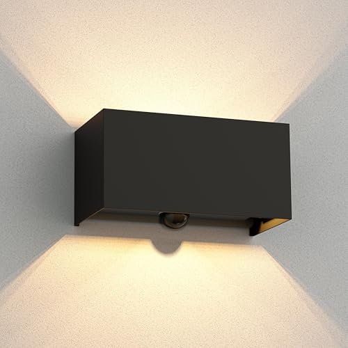 ledscom.de Wandleuchte CUBEL, Dämmerungssensor, Bewegungmelder für außen, IP65, Up-/Downlight, schwarz matt, rechteckig, 2x G9 max. 10W