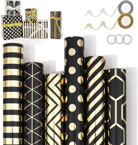 6 Rotolo di Carta da Regalo Set, 43 cm x 3 m Carta Pacchi da Natalizi con 2 Nastri e 3 Nastri Adesivi, Stampa in Oro Nero per Compleanno, Feste, Regali Anniversari