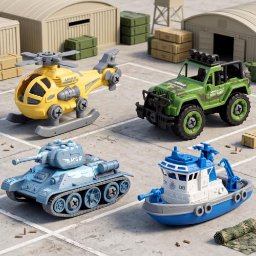 Prmape 5 Pezzi Veicoli da Cantiere Giocattolo, 4pcsMare Terra aria Cantiere Giocattolo+1pcs Cacciavite, 4 in 1 Ruspa Trattore Camion Escavatore Giocattolo Per Bambini per Ragazzo Ragazza