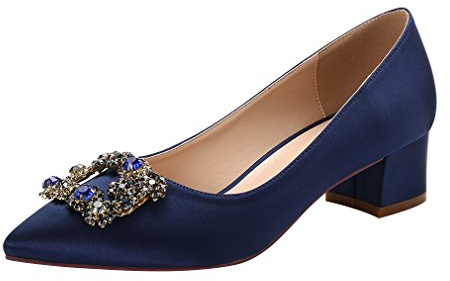ERIJUNOR E2233 Women Comfort Chunky Low Heel Closed Toe Rhinestone Wedding Evening Satin Shoes Navy Size 7