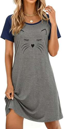 Ekouaer Womens Nightgown Short Sleeve Night Dress Printed Sleepwear Soft Sleep Shirt, Navy Blue Cat, XXL