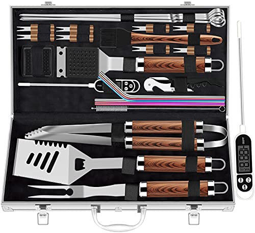 ROMANTICIST 26pcs Extra Thick Stainless Steel Grill Tool Set for Men, Heavy Duty Grilling Accessory Kit for Backyard, BBQ Utensils Gift Set with Meat Thermometer in Aluminum Case for Birthday Brown