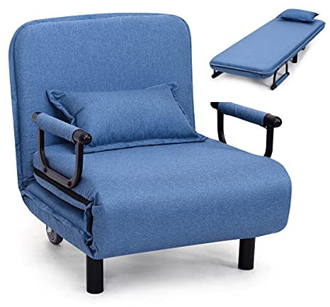 RELAX4LIFE Klappbarer Schlafsessel 3 in 1, Klappsessel aus Polyester, waschbar, Schlafsofa mit 2 Rädern & Verstellbarer Rückenlehne, Gästebett Schlaffunktion, inkl. Kissen, bis 150kg belastbar (Blau)