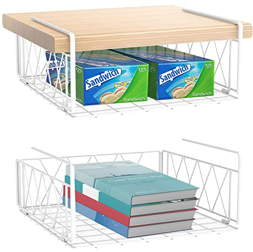 Lot de 2 paniers de rangement à suspendre sous une étagère, panier de rangement en fil métallique pour cuisine, bureau, garde-manger, salle de bain (blanc, 2 pièces)