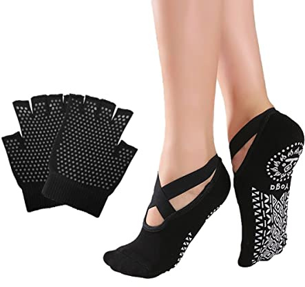 Ayes Collection Ensemble de chaussettes et de gants de yoga pour femmes, chaussettes antidérapantes avec poignées pour la danse, le Pilates, la barre, le ballet et l'entraînement, le fitness (Noir)