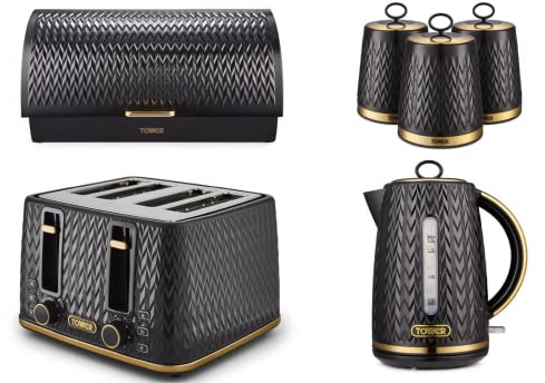 Tower Empire 1.7L 3KW Jug Kettle, 4 Slice 1600W Toaster, Bread Bin & Set of 3 Tea, Coffee & Sugar Canisters. Kitchen Set of 6 in Black with Brass Accents