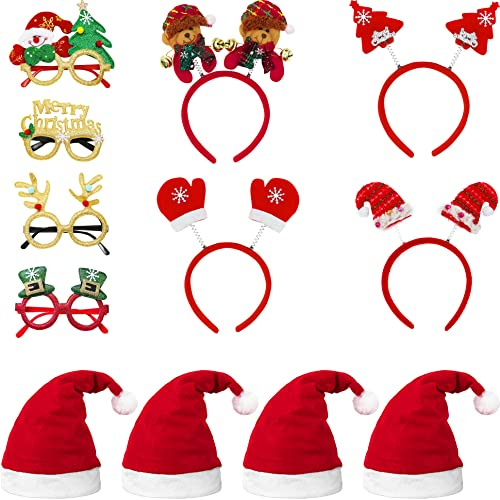 OPUHOHR 12PCS Weihnachten Brille Stirnband und Weihnachtsmützen Set, Lustig Weihnachten Stirnband, Haarschmuck Weihnachten Geeignet für Erwachsene und Kinder Weihnachtsfeier, Maskerade, Karneval