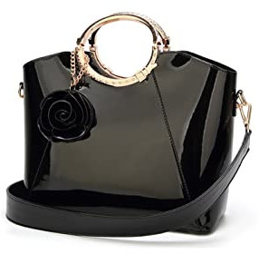 YAQUNICER Borse Tote Borsa in pelle verniciata per le donne Pendente petalo di rosa Borse a tracolla con manico superiore-Nero