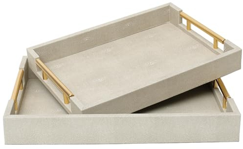 SwallowLiving Set of 2 Shagreen Serving Tray with Gold Polished Metal Handles Ivory Wood Decorative Tray PU Leather with Brushed Gold for Coffee Table Ottoman Console Table