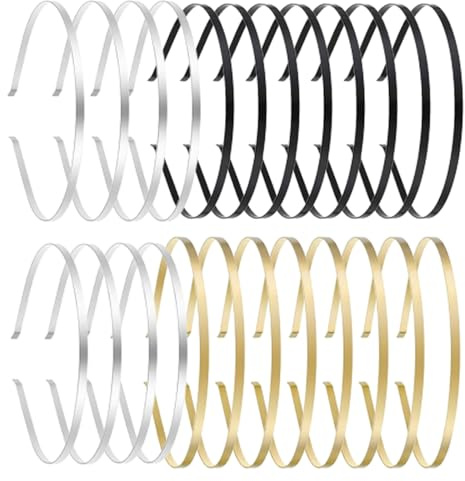 TECKI 24 cerchietti in metallo – 8 x oro + 8 x argento + 8 x nero, fascia per capelli, per donne, uomini, bambini, fai da te, materiali per la montatura, classici e semplici, fiori secchi in raso con