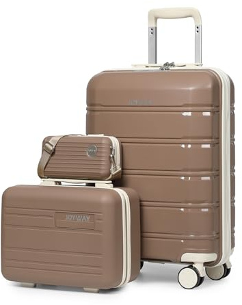 Joyway Kofferset 3 Teilig Hartschale mit 4 Rollen und TSA-Schloss Der Gepäcksets Enthält 1 Kosmetikkoffer und 1 Tragbare Tasche Braun/Weiß