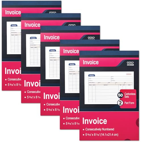XKDOUS 5 Pack Invoice Receipt Book, 2-Part Carbonless, 5-9/16 x 8-7/16 Invoice Book for Small Business, 50 Sets per Book