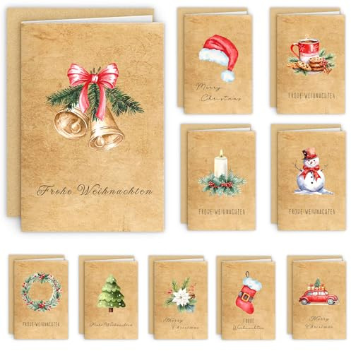 Shining She 20 Weihnachtskarten mit Umschlag Set, A6 Klappkarten Weihnachtskarten Set Frohe Weihnachten Merry Christmas Karten Xmas Aquarell Weihnacht Motive Postkarten für Freunde und Familie