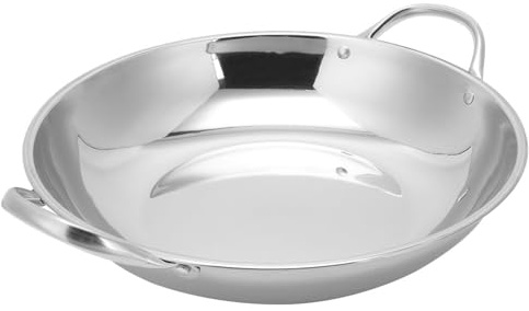 Ciieeo Wok Inox Double Poignée 25 Cm Poêle Plate Pour Cuisine Chaude Fondue Et Ragoûts Compatible Induction Gaz Fruits De Mer