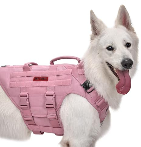 OneTigris Arnés para perros, X Destroyer Táctico Ajustable Anti-tirón Arnés a prueba de fugas con 3 asas 2 hebillas de metal Arnés de seguridad (Rosa XL)