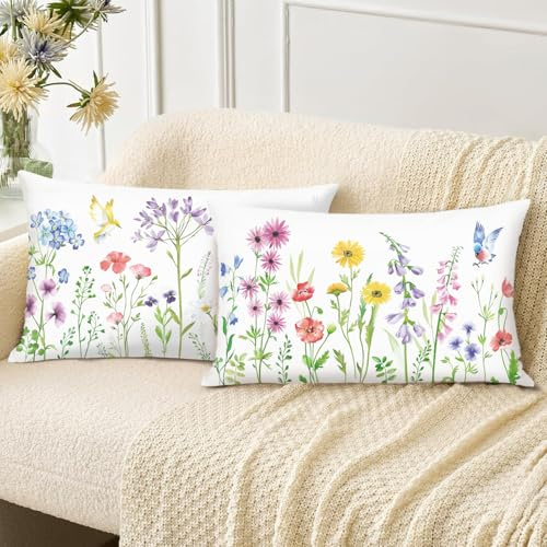Bonhause 2er Set Kissenbezüge Blumen Garten 30 x 50 cm Blumen Vögel Samt Soft Dekorative Kissenhülle Zierkissenbezüge für Sofa Schlafzimmer Terrasse Dekoration