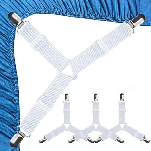 VONJUMA 4 Pièces Tendeur Drap Housse Blanches Aattache Drap Housse Élastiques Ajustables Sangle Drap Housse Avec Pinces Métalliques Pour Draps De Lit Housses De Matelas Coussins De Canapé