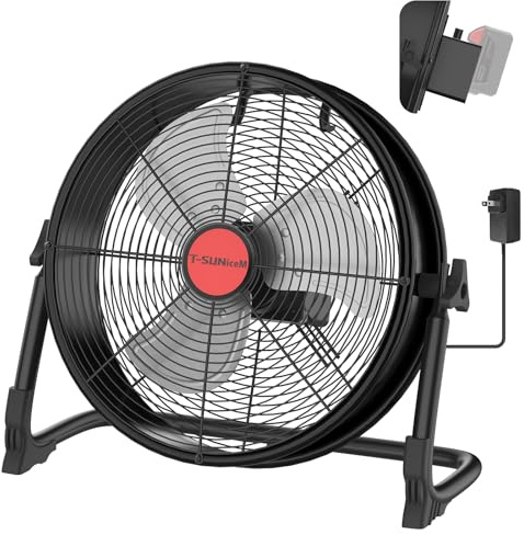 16 Battery Powered Cordless Floor Fan, Compatible with Milwaukee M18 | Portable Fan with AC Adapter and USB Output, Metal Industrial High Velocity, Stepless Speed Cordless Fan for Jobsite Garage