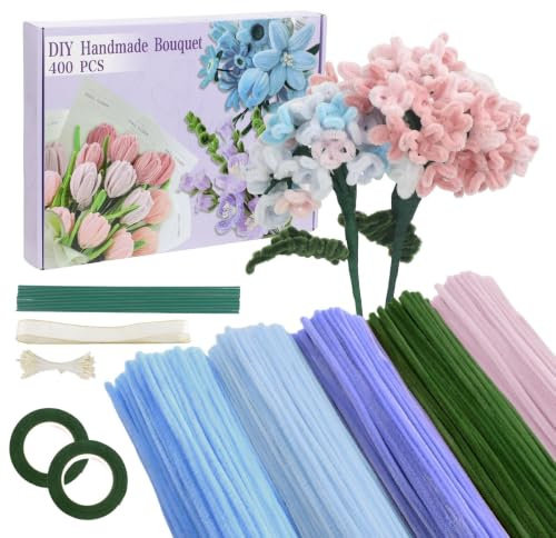 400 Stück Pfeifenputzer zum Basteln Set, 5 Farben Pfeifenreiniger Blumen | Pipe Cleaner mit Geschenkband, Klebeband, Perlenaufnäher, Staubblätter für DIY Geschenke Ideal zu Weihnachten, Geburtstagen
