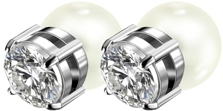 JewelryWe Magnetörhängen pärlörhängen för kvinnor: 10 mm vita pärlor zirkonia rostfritt stål magnetiska öronklämmor falska piercing örhängen magnetörhängen utan öronhål klämma på örhängen smycken