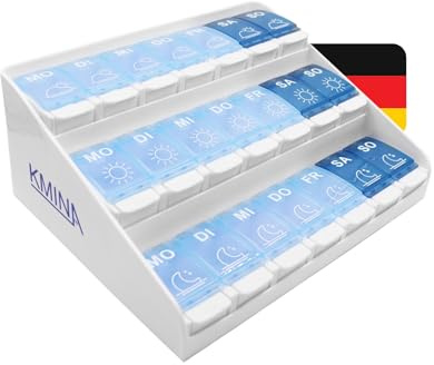 KMINA Tablettenbox 7 Tage 3 Fächer, Groß, Deutsch, Medikamentenbox | Morgens Mittags Abends, Pillendose, Tabletten Organizer, Druckknopf zum Öffnen, Patentiert, Made in Europe