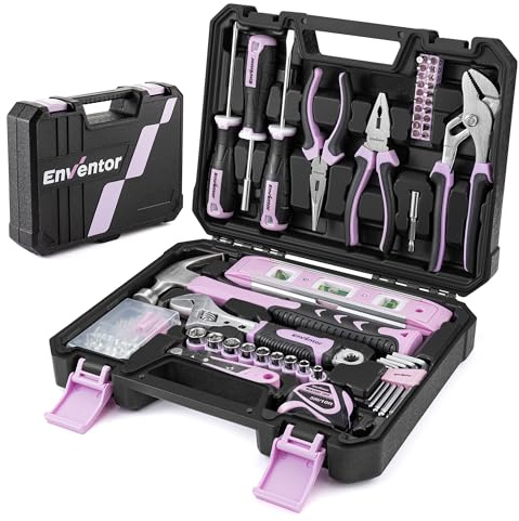 Enventor Tool Kit Pink, 108PCS General Household Hand Tool Set | with Storage Toolbox, Ladies Small Tool Kits for Home