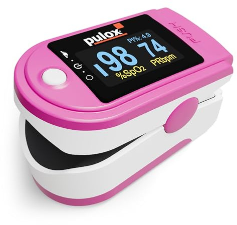 Pulsoximeter Pulox PO-200 Solo i rosa – mäter syremättnad (SpO₂), hjärtfrekvens (puls) och perfusionsindex (PI)
