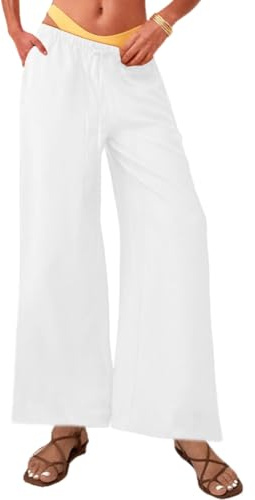 Nuofengkudu Fluido Pantalones Anchos Mujer Verano Elegante Palazzo Sólido Cintura Elastica Cordón Ajustable 3 Bolsillos Pull on Ligero Boho Yoga Pantalon Frescos Comodos Playa Casual Blanco S