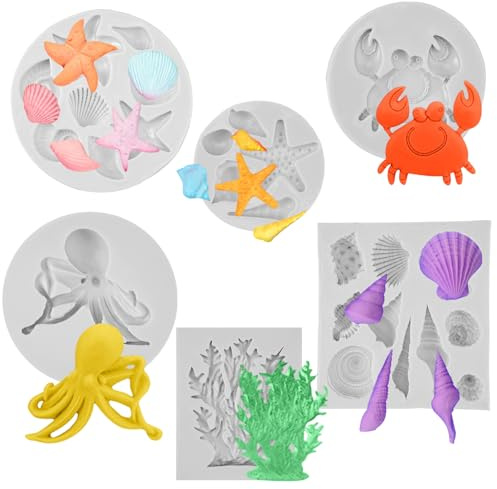 6 Stück 3D Meerestiere Silikonform, 3D Ozean Tier Silikon Fondant Formen, Meerestiere Backform Set, mit Tiermotiven in Form Seesternen Korallen, für DIY Kuchendekoration, Schokolade, Süßigkeiten