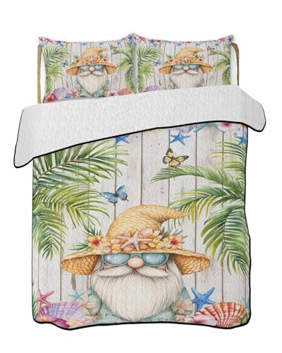 Queen Quilt Bedding Set, Dwarf Seaside Shell Starfish Lightweight Coverlet Summer Comforter Set Bedspread, Palm Tree White Wood Grain 3 Piece Quilt Set with 2 Pillow Shams All Seasons Use