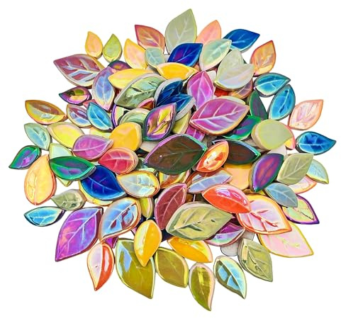 500g/0,5kg Blattförmige Keramik-Mosaikfliesen, Keramik-Mosaikstücke zum Basteln, Mosaikfliesen für Heimdekoration oder DIY-Bastelarbeiten, Mosaikherstellungsbedarf. (Schillernde gemischte Farben)