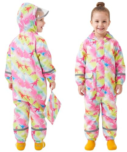 FILOWA Imperméable à Capuche Enfant Fille Combinaison de Pluie Respirant Léger Randonnée Vestes avec Sac Portable Dinosaure Motif Imperméables École Vêtements de Pluie Unisexe 7-9 Ans, Rose