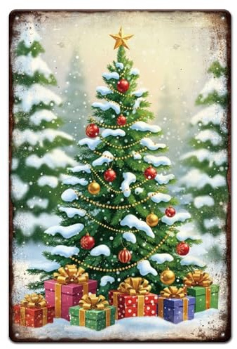 GLOBLELAND Cartel Metálico Navideño Árbol de Navidad 20x30cm Pintura Vintage Invierno Regalos Bola Navideña Decoración para Salón Chimenea Oficina Dormitorio Mesa