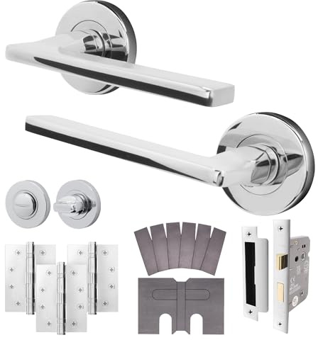 EAI Polished Chrome Door Handles Fire Rated with Bathroom Lock 80mm - Elcot | Complete Fire Rated Bathroom Kit: 1 Pair of Door Handles, 76mm Latch, 102mm Lock, Hinges, Intumescents, Fixings Included