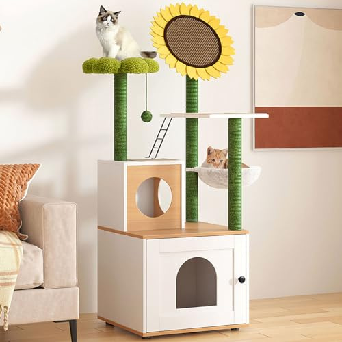 2-in-1 Cat Tree with Litter Box Enclosure, Multifunctional Indoor Cat Furniture with Platform, Condo, and Scratch Pad