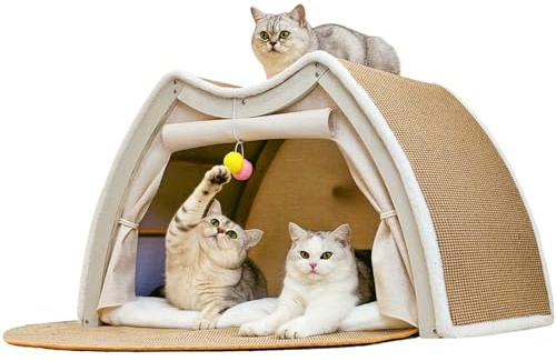 Katzenhaus Katzenhöhle Katzenzelt Kratzbrett Sisal, 3-in-1 Holz Katzenzelt Indoor & Kratzbaum Klein & Katzenbett 2 Stöckig, Katzenspielzeug Katzen rückzugsort lärm (Beige, 62x50x43)