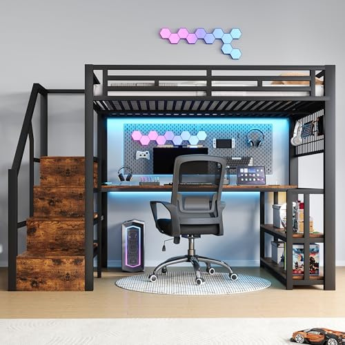 Dolamaní Hochbett 140x200 cm in Schwarz, mit Schreibtisch und LED, Eisenrahmen, Metallbett mit 2 USB-Anschlüssen und 1 Typ-C-Buchse, Treppemit Stauraum, Lagerregal, Hängender Drahtgitterständer