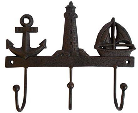 Maritimer Kleiderhaken aus Gusseisen - 3er Wand-Haken mit Leuchtturm, Anker und Schiff - 21 x 17 cm (Natur)