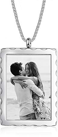 Foto Kette für Frauen Personalisiert Erkennungsmarke/Herz/Runde Anhänger Halskette mit Namen Texte Gravur Schmuck Silberplatte/Edelstahl Souvenir Geschenk (Rechteck + Schwarzweißfoto)