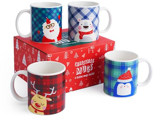 THE TWIDDLERS 4er Set Weihnachtsbecher, Urlaub Tassen - Santa, Pinguin, Eisbär, Rentier Design Weihnachtstassen, Secret Santa Xmas Party Geschenk, Glühweintassen - 340ml Weihnachtstasse