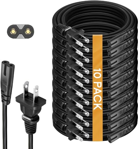 (10 Pack) AC 2 Prong Power Cord for TV, PS5 PS4 PS3 Slim, Speaker, Xbox - Replacement C7 Power Cable 2 Prong (3-Feet, 10-Pack)