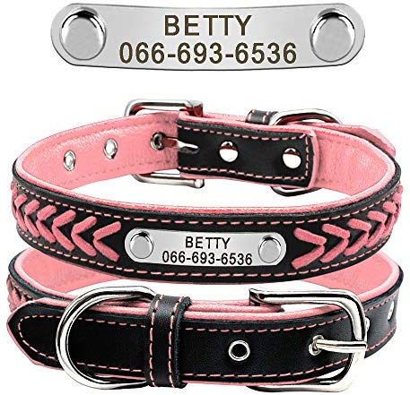 Didog Hundehalsband aus geflochtenem Leder, mit Gravur, mit personalisiertem Namensschild, für kleine, mittelgroße und große Hunde, Pink, Größe XL