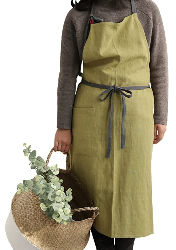HANEE Kitchen Apron for Women and Men (Green) Linen Cooking Aprons with pocket
