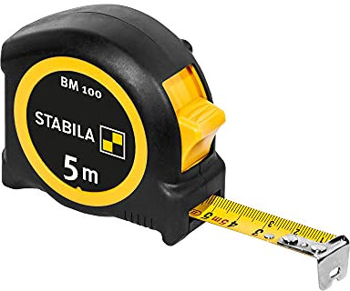 Stabila Taschenbandmaß BM 100, 5 m, Maßband mit metrischer Skala, bruchsicheres ABS-Gehäuse, beweglicher Anfangshaken, Gürtel-Clip, MID-Genauigkeit, Schwarz/Gelb