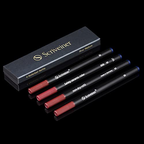 Scriveiner Tintenroller Mine Blau Mittel - 4 Rollerball Refill Minen in hervorragender Qualität für Scriveiner Stifte - Sicherheits-Keramikmine M - Schmidt 888