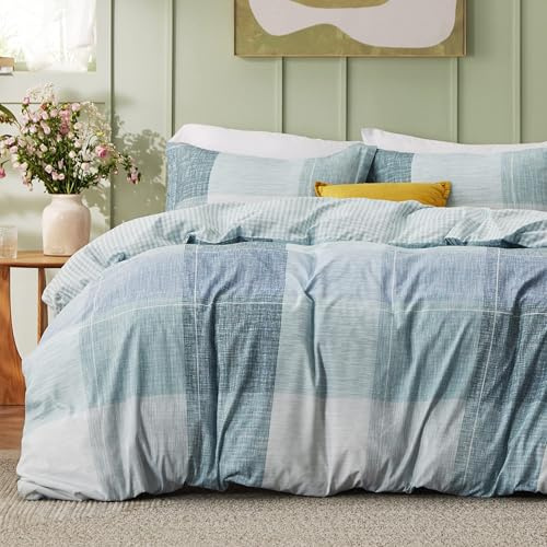 Bedsure Duvet Cover Queen Size - Gingham Reversible Buffalo Plaid Duvet Cover Set with Zipper Closure, 3 Pieces Blue Bedding Set with 8 Corner Ties and 2 Pillow Shams 20x26