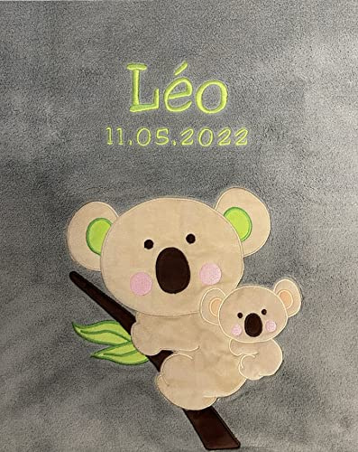 KIDDI-MEDIA Babydecke mit Name und Geburtsdatum Bestickt, Anthrazit Koala | Kuschelig weich