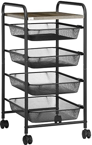 HOMCOM Carrito Auxiliar con Ruedas Carrito de Cocina de 5 Niveles con 4 Bandejas Extraíbles y Tablero de Madera para Salón Dormitorio 41,5x31x66 cm Negro